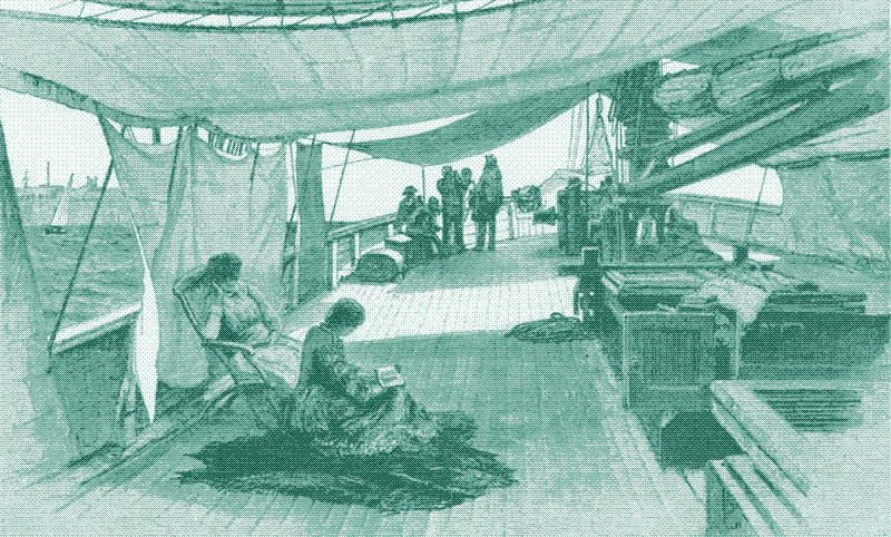 Image: Awnings sheltering people on board the “Undine”. Illustration for The Graphic, 12 November 1887. Image in the public domain.