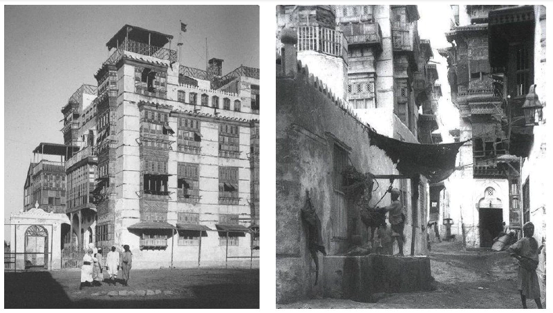 Image left: British Counsel Building 1917. People in the hot, arid climate in the Red Sea region have traditionally used an elaborately carved wooden window screen called a “masharabiya” (Egypt), “rowshan” (Saudi Arabia) or “jali” (India, Pakistan). It consists of a wooden lattice structure that juts out into the street and covers a single window or multiple windows from the top to the bottom of the building. “Shishes”, woven grass or reed mats hung in windows and doorways, were the more affordable version for less wealthy people. Image right: Street Scene 1916. Photo credit: .