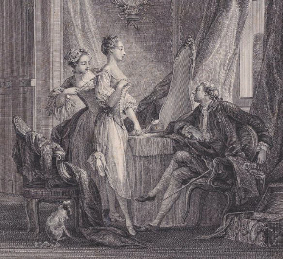 Image: In many historical cases, there were close relationships between upholstery, drapery, and dress. Detail from: Nicolas Ponce (1746–1831) after Pierre Antoine Baudouin (1723–1769), La toilette, engraving, 1771. Metropolitan Museum of Art, Harris Brisbane Dick Fund, 1954, 54.533.12. Image in the public domain.
