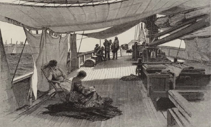 Image: Awnings sheltering people on board the “Undine”. Illustration for The Graphic, 12 November 1887. Image in the public domain.