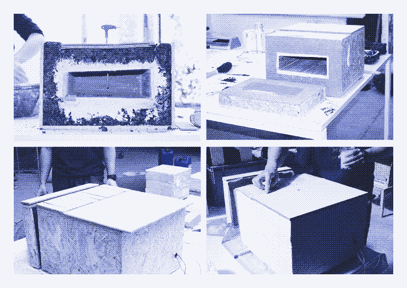 Image: Some assembly steps for the oven (from left to right): Fig.1: Drilling a hole for the chimney, with all insulation in place. Fig.2: Extra layer of cork to cover the door and box insulation. Fig.3: Tiling the exterior of the solar electric oven. Fig.4: Grouting. Photos by Marie Verdeil.