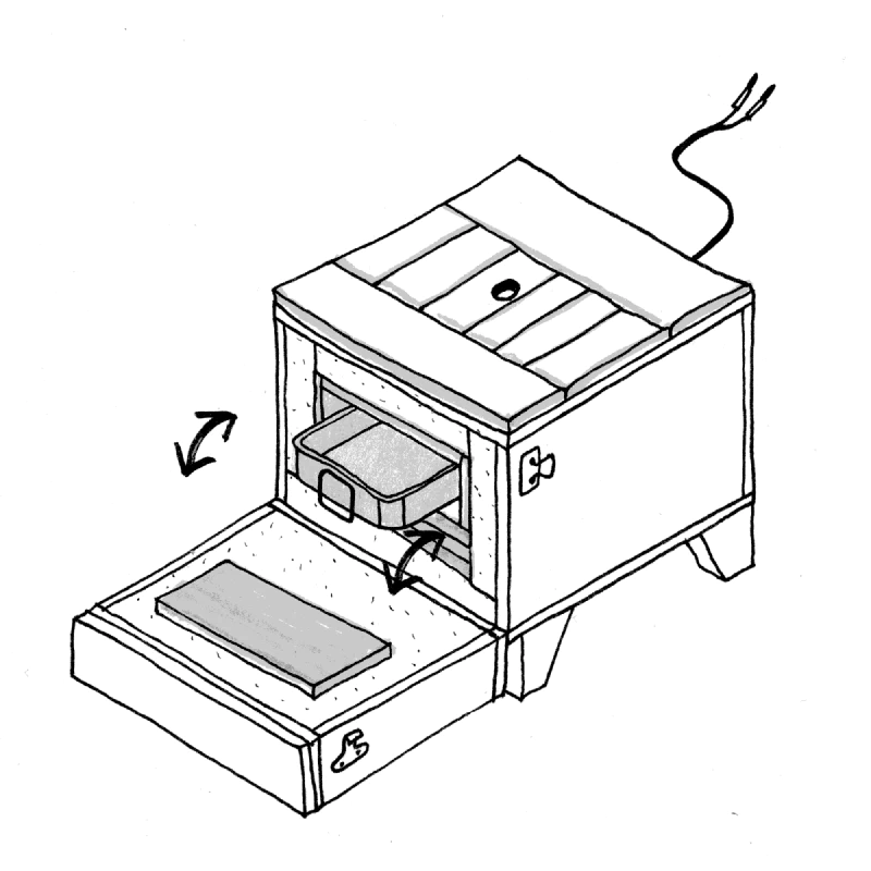 Image: A drawing of the solar electric tiled cooker. Illustration by Marie Verdeil.