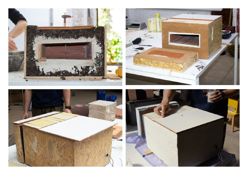 Image: Some assembly steps for the oven (from left to right): Fig.1: Drilling a hole for the chimney, with all insulation in place. Fig.2: Extra layer of cork to cover the door and box insulation. Fig.3: Tiling the exterior of the solar electric oven. Fig.4: Grouting. Photos by Marie Verdeil.