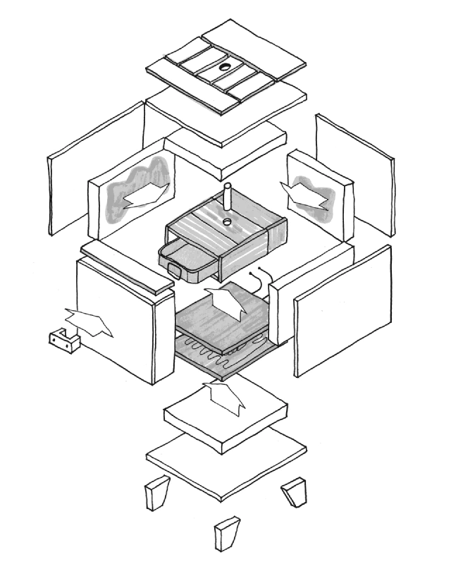 Image: Exploded isometric drawing of our insulated solar electric oven. Illustration by Marie Verdeil.