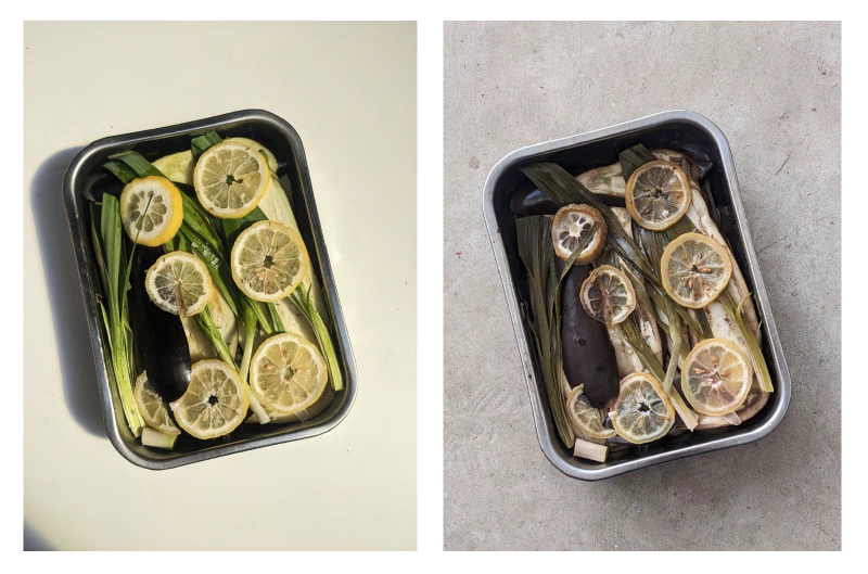 Image: Slow-cooked food (before and after cooking). Photo by Marie Verdeil.