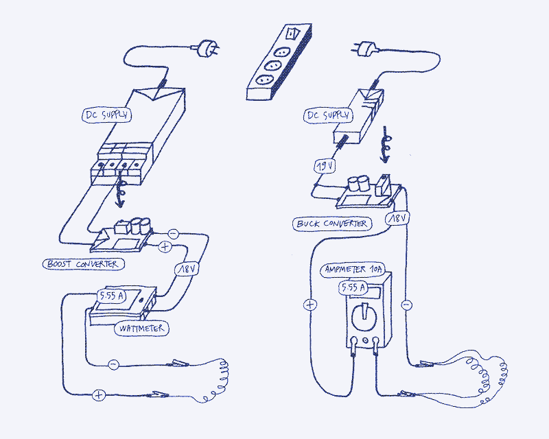 Image: Setting up a test station, using a DC power supply (left) or a laptop adapter (right). Illustration by Marie Verdeil.