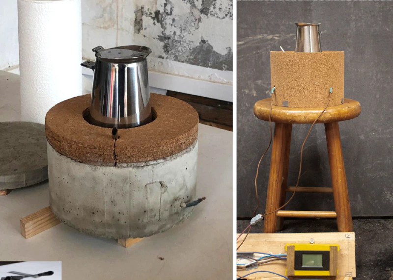 Image on the left: Cork sheets on top of the finished mortar slab. Image on the right: The device is covered in cork and ready to test with a wattmeter. Photos by Marie Verdeil.