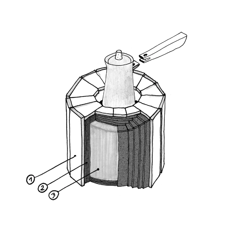 Image: Cross-section of the coffee maker. 1. Tiles, 2. Cork, 3. Mortar. Illustration by Marie Verdeil.