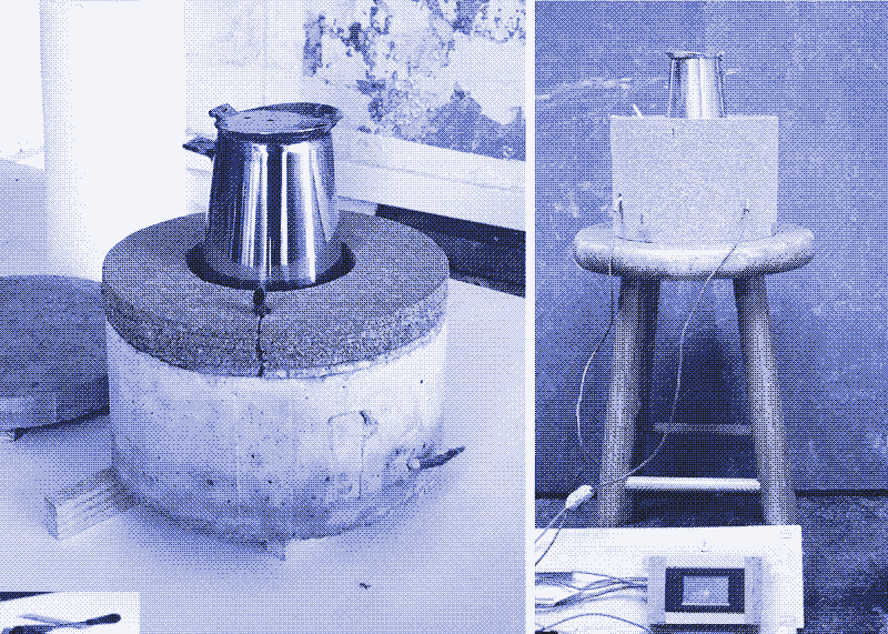 Image on the left: Cork sheets on top of the finished mortar slab. Image on the right: The device is covered in cork and ready to test with a wattmeter. Photos by Marie Verdeil.
