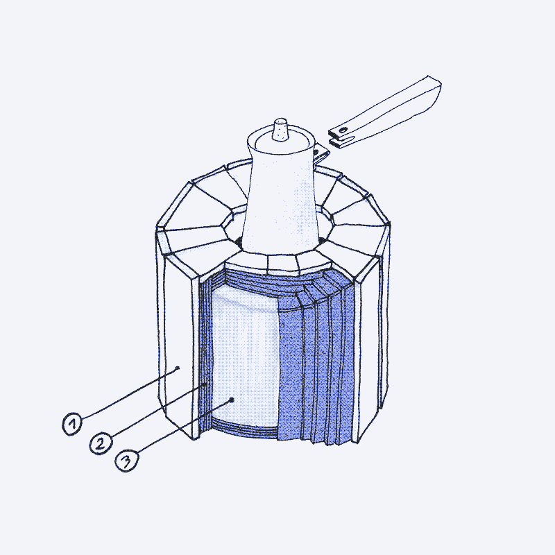 Image: Cross-section of the coffee maker. 1. Tiles, 2. Cork, 3. Mortar. Illustration by Marie Verdeil.