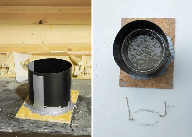 Image on the left: The mold for the mortar slab. Image on the right: The electric resistance heating next to the mold in which the mortar is cast. A metal mesh sieve acts as a reinforcement inside. Photos by Marie Verdeil.