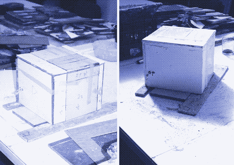 Image on the left: Tiling the heat cube. All tiles are provisionally taped around the bricks. Image on the right: Grouting the cube. Two holes in the side made to let the cables pass through.   Photos by Marie Verdeil.