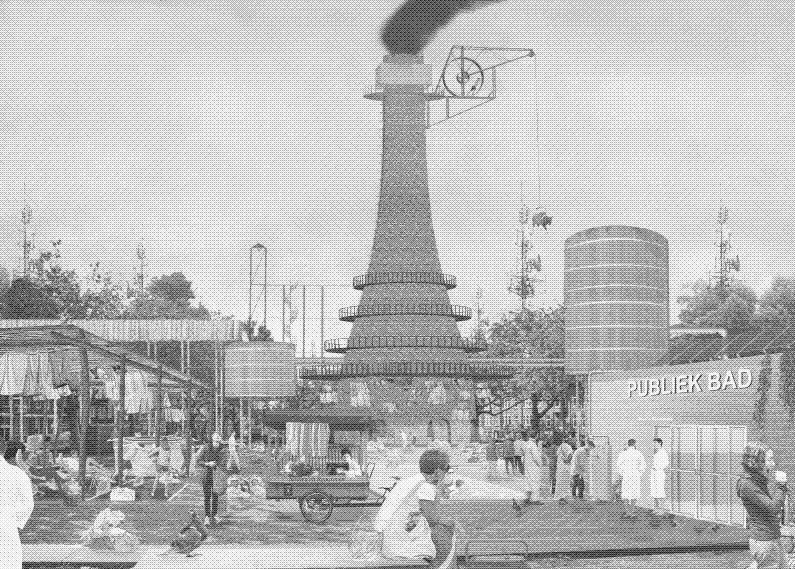 The public bathhouse in the human powered neighbourhood. Collage by Golbar Abassi.