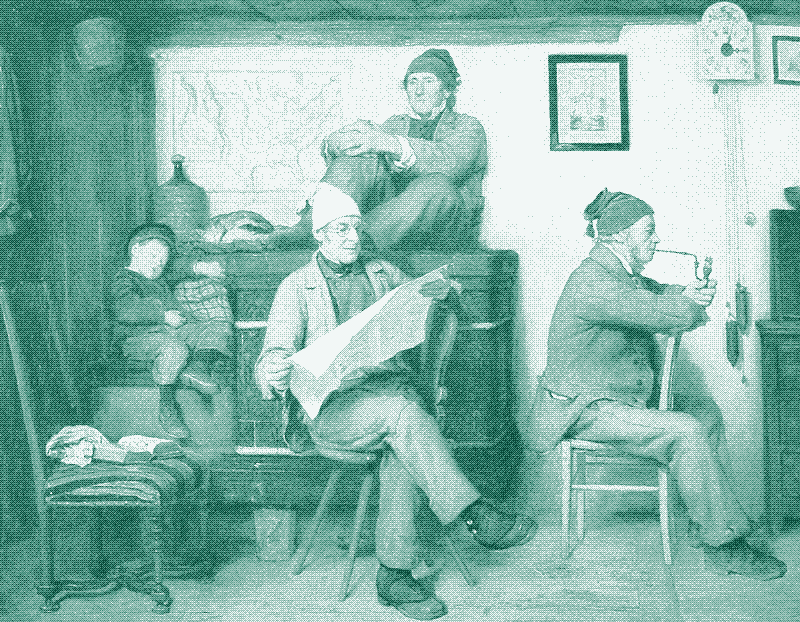 Menschen versammeln sich um einen Kachelofen. Die Bauern und die Zeitung, ein Gemälde von Albert Anker, 1867.