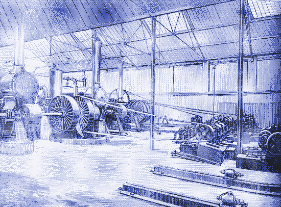 Abbildung: Elektrizitätswerk Brighton, 1887. Stationäre Dampfmaschinen treiben Gleichstromgeneratoren über Lederriemen an. Quelle.