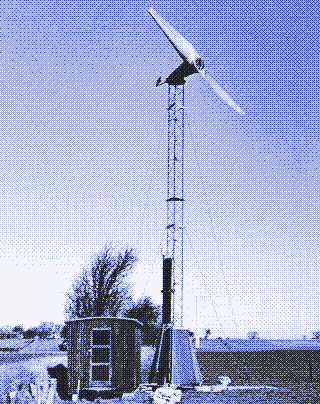 Eine Windkraftanlage mit Wasserwirbelbremse am Institut für Agrartechnik, 1974. Photo von Ricard Matzen. Quelle: [^13]