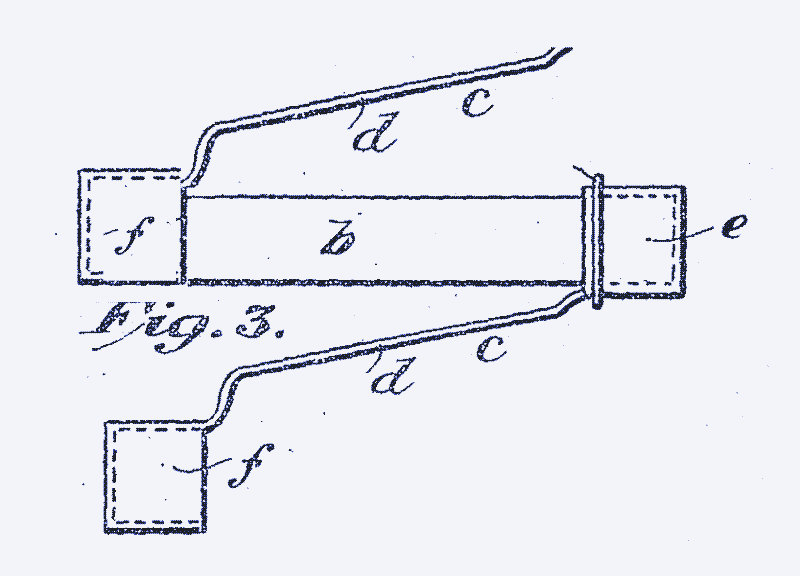 Oben: Diese Zeichnung aus Coves Patent von 1906 zeigt die Antimon-Zink-Legierung “b”; die Kappe aus Neusilber (ohmscher Leiter) “c”; und die Kappe aus Kupfer oder Zinn (Schottky-Übergang) “f”. Überall werden Pressverbindungen verwendet, da Lötverbindungen den Wirkungsgrad verringern.