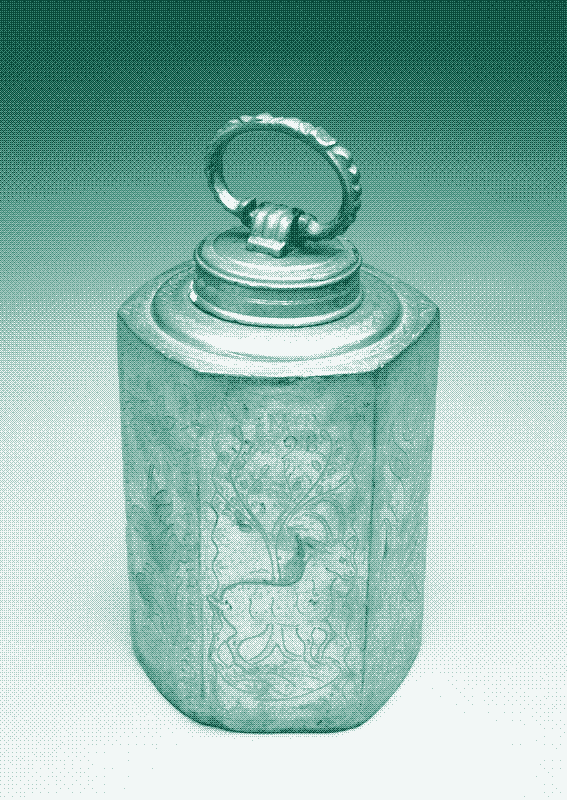 Sechseckige Wärmflasche, Österreich, 1791-1798. Diese sechseckige Wärmflasche ist aus Zinn gefertigt und mit einer Waldszene verziert. Quelle: Science Museum, London. (CC BY 4.0). https://wellcomecollection.org/works/b452vwjm.