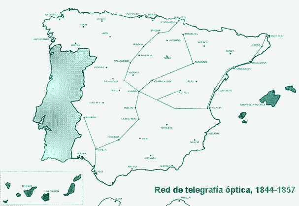 Imagen: La red telegráfica óptica en España, 1844-1857. Fuente: Luis Enrique Otero Carvajal