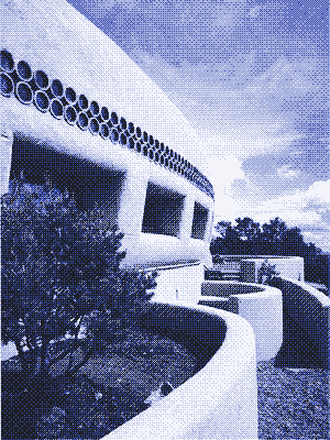 Dcha: Pottery House en Santa Fe, Nuevo México. Vivienda de tierra cruda diseñada por el célebre Arquitecto Frank Lloyd Wright en 1942 y no ejecutada hasta 1985. [^15]