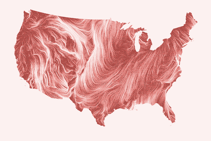 Mapa con transmisión en vivo de los vientos en Estados Unidos.