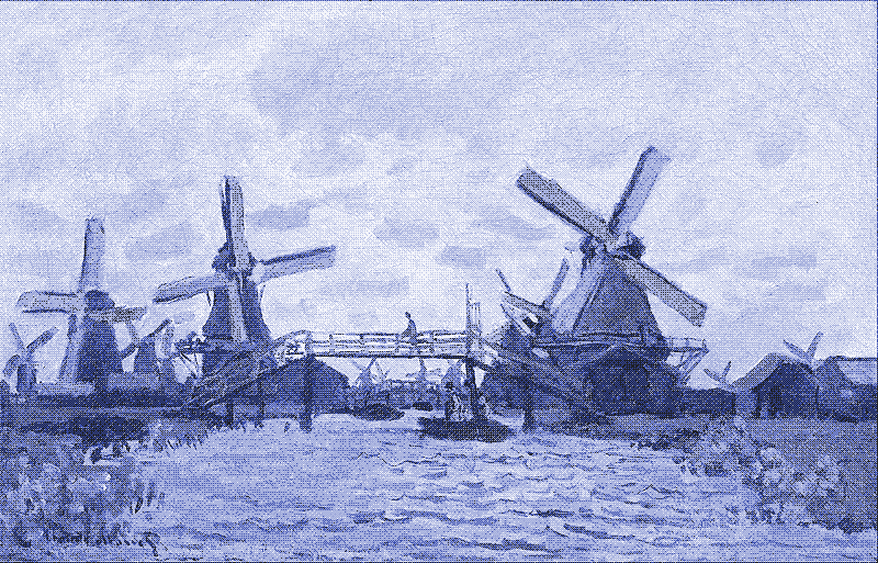Pintura: Molinos en Westzijderveld, cerca de Zaandam, una pintura de Claude Monet.