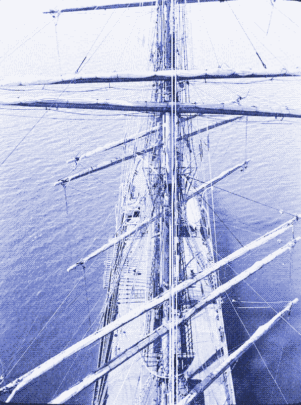Mirando a popa desde la arboladura del &lsquo;Parma&rsquo; en fondeo. Alan Villiers, 1932-33. El trabajo de Villiers recoge con fidelidad el periodo marítimo histórico del inicio del siglo 20, cuando los veleros mercantes o Grandes Veleros estaban en rápida desaparición.