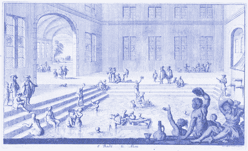Imagen: Baños públicos en Aquisgrán, Alemania, por Jan Luyken, 1682.