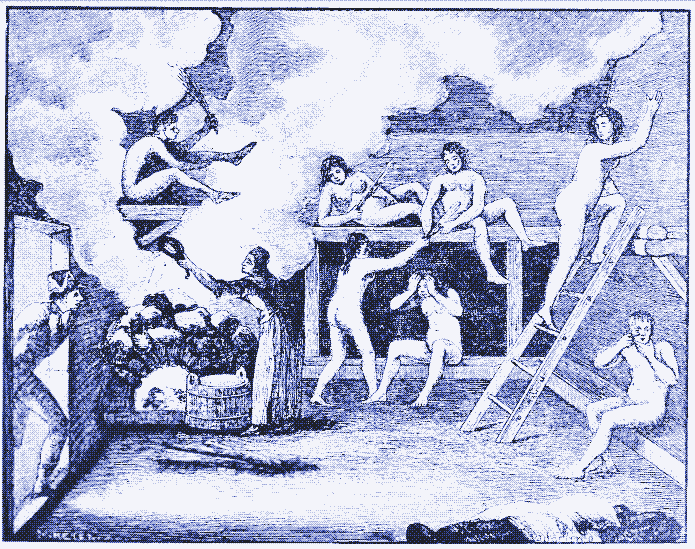 Imagen: Mujeres tomando un baño de vapor. Grabado en madera de Olaf Sörling.