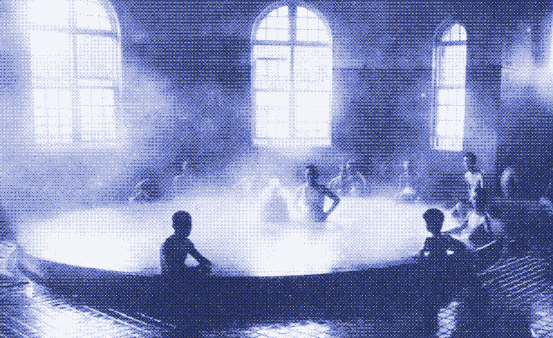 Imagen: Baño construido sobre una piscina termal, Taiwán. Foto de principios del siglo XX, dominio público.