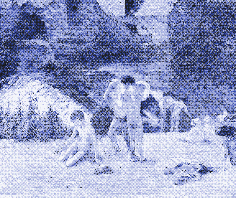 Pintura: Lugar de Baño, óleo sobre lienzo, Paul Gauguin, 1886.