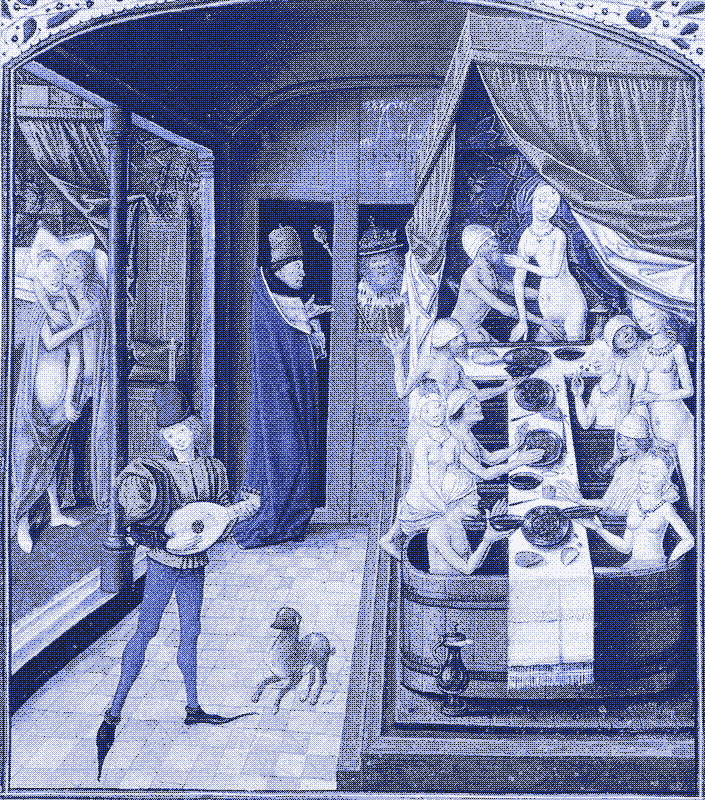 Imagen: Escena de un baño público, c. 1470, pintado por el Maestro de Antonio de Borgoña (Berlin Staatsbibliothek, Ms. Dep. Breslau 2, vol. 2, fol. 244).