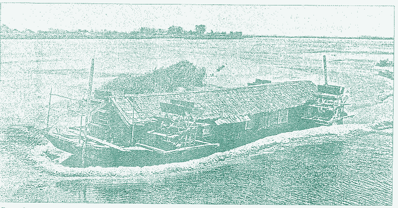 Image : Une filature de coton flottante au Japon (1880-1933). Source : « Water Mills in Japan », Kenjiro Kawakami, Transactions TIMS, V, 1982.