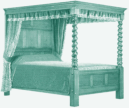 En haut: un banc près d’un feu . (Source: The English Fireplace). En bas: un lit à baldaquin (Source: Wikipedia Commons).