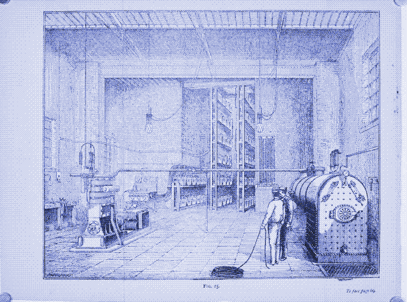 Centrale électrique de Kensington Court: machine à vapeur, dynamo et batteries. Source: Central-Station Electric Lighting, Killingworth Hedges, 1888.