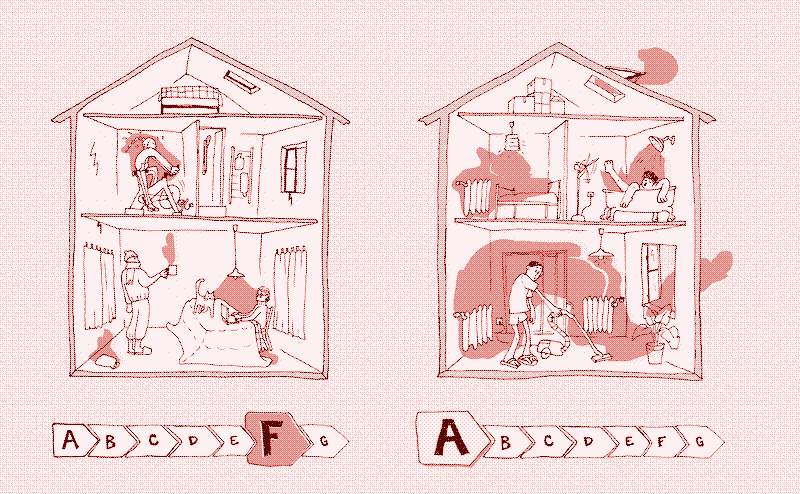 L’efficacité énergétique d’un logement ne dépend pas seulement de son étiquette énergétique, mais également du mode de vie de ses occupants. Illustration : Marie Verdeil.