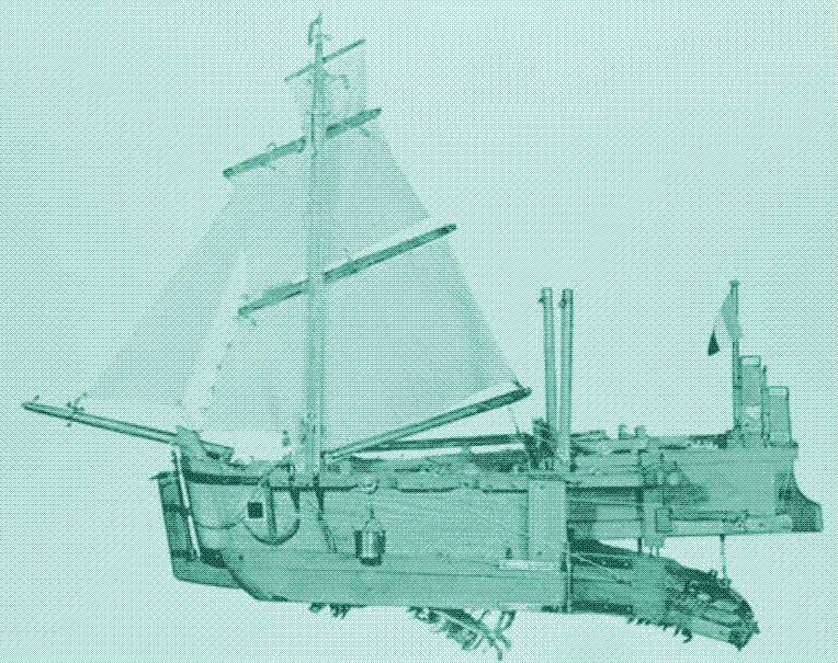 Maquette de 1699 d’un bateau à fond plat, équippé de voiles. Image: Maritiem Digitaal