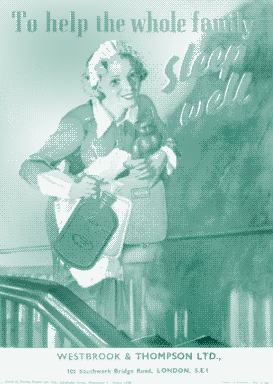 Publicité pour les bouillottes « Cosimax » de Westbrook &amp; Thompson Ltd&rsquo;s, faites en caoutchouc Dunlop. 1938. Science Museum / Science &amp; Society Picture Library. Source : https://www.ssplprints.com/image/95677/sleep-well-hot-water-bottle-august-1938.
