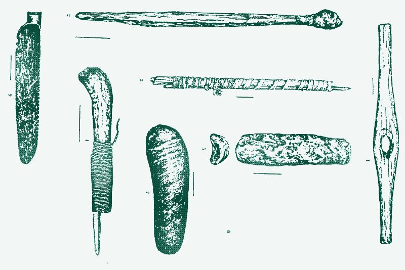 Image : Outils du fabricant de flèches. Source: Mason, Otis T. North American bows, arrows, and quivers. JM Carroll, 1893.