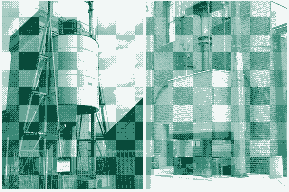 Hydraulic accumulators. À gauche : Un accumulateur hydraulique dans le Port de Bristol. Wikipedia Commons. À droite : Accumulateur hydraulique, Walsh Bay, Sydney. Source : NSW HSC Online