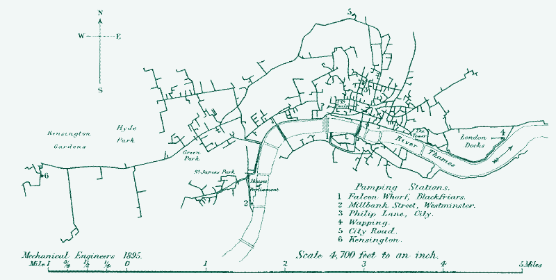 Illustration : plan du réseau de canalisations et stations de la London Hydraulic Power Company, 1895.