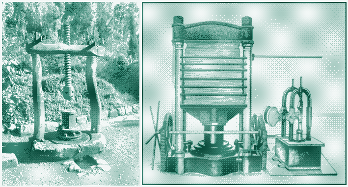 À gauche : La presse à vis. Crédit d’image : Bruce K. Satterfield À droite : La presse hydraulique.
