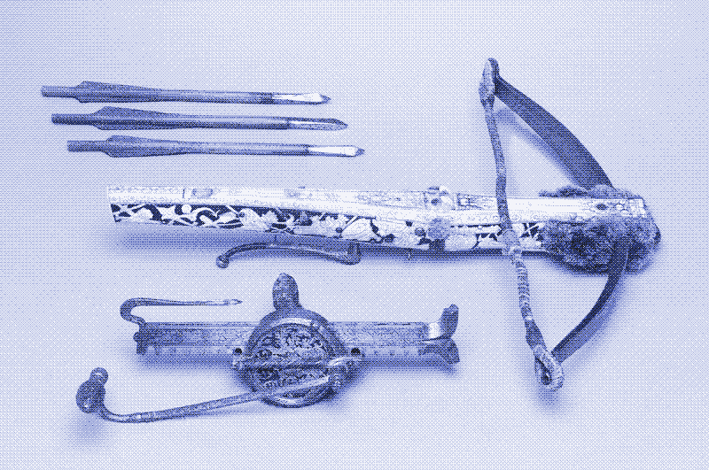 Image : arbalète avec des munitions. Allemagne, XVIe-XVIIe siècles. Bois, cuir, acier ; ensemble : 37,2 cm (14 5/8 in.). Source : Internet Archive.