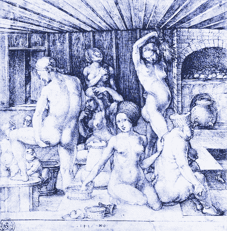 Image : Le bain public des femmes, par Albrecht Dürer, 1496.