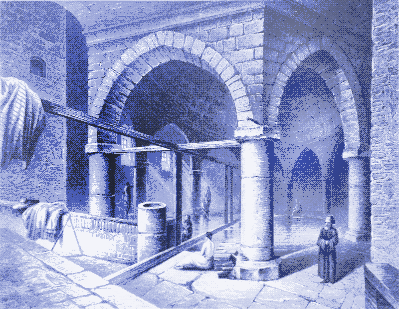 Peinture : Bains Rudas, Ludwig Rohbock, 1850. Les bains Rudas de Budapest ont été construits en 1550 et sont toujours en activité.
