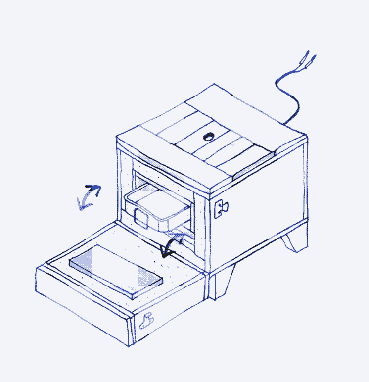 Image : Dessin du cuiseur solaire électrique en faïence. Illustration de Marie Verdeil.