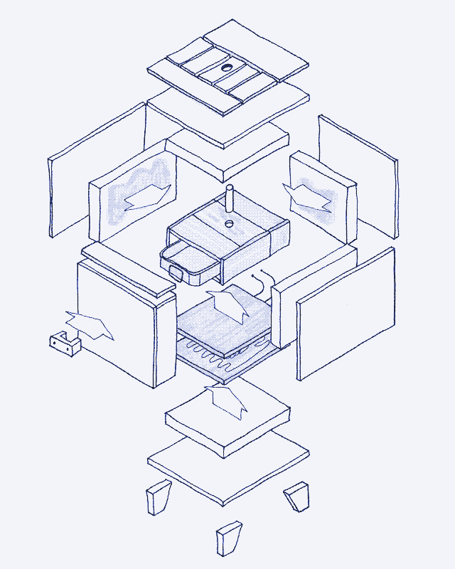 Image : Dessin isométrique éclaté de notre cuiseur électrique solaire isolé. Illustration de Marie Verdeil.