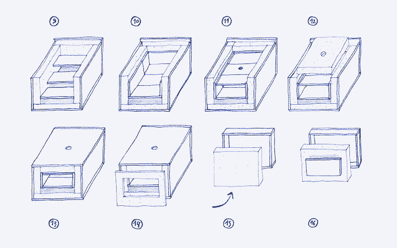 Image : Instructions étape par étape (fig. 9. à 16.). Illustration de Marie Verdeil.