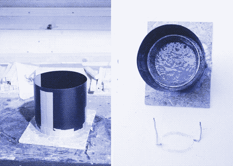 Image de gauche : le moule du futur socle en mortier. Image de droite : la résistance chauffante à côté du moule dans lequel le mortier est coulé. Une écumoire en métal fait ici office d’armature à l’intérieur. Photos par Marie Verdeil.