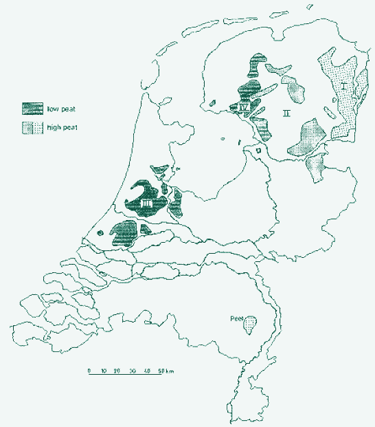 Ilustracja: Produkcja torfu w Holandii. Legenda: „Low peat” - torfowiska niskie, „High peat” torfowiska wysokie.